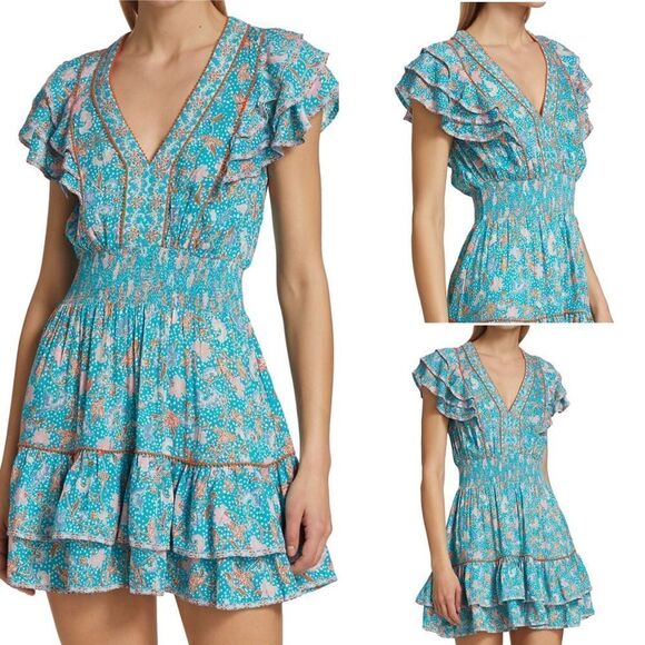 ✨NWT Poupette St Barth Camila Floral Duck Green Canary Ruffled Mini Dress - Picture 1 of 11